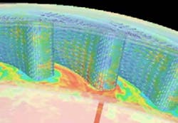 High fidelity simulation showing mixing of hot and cool flows in a high pressure turbine. High fidelity simulation showing mixing of hot and cool flows in a high pressure turbine.
