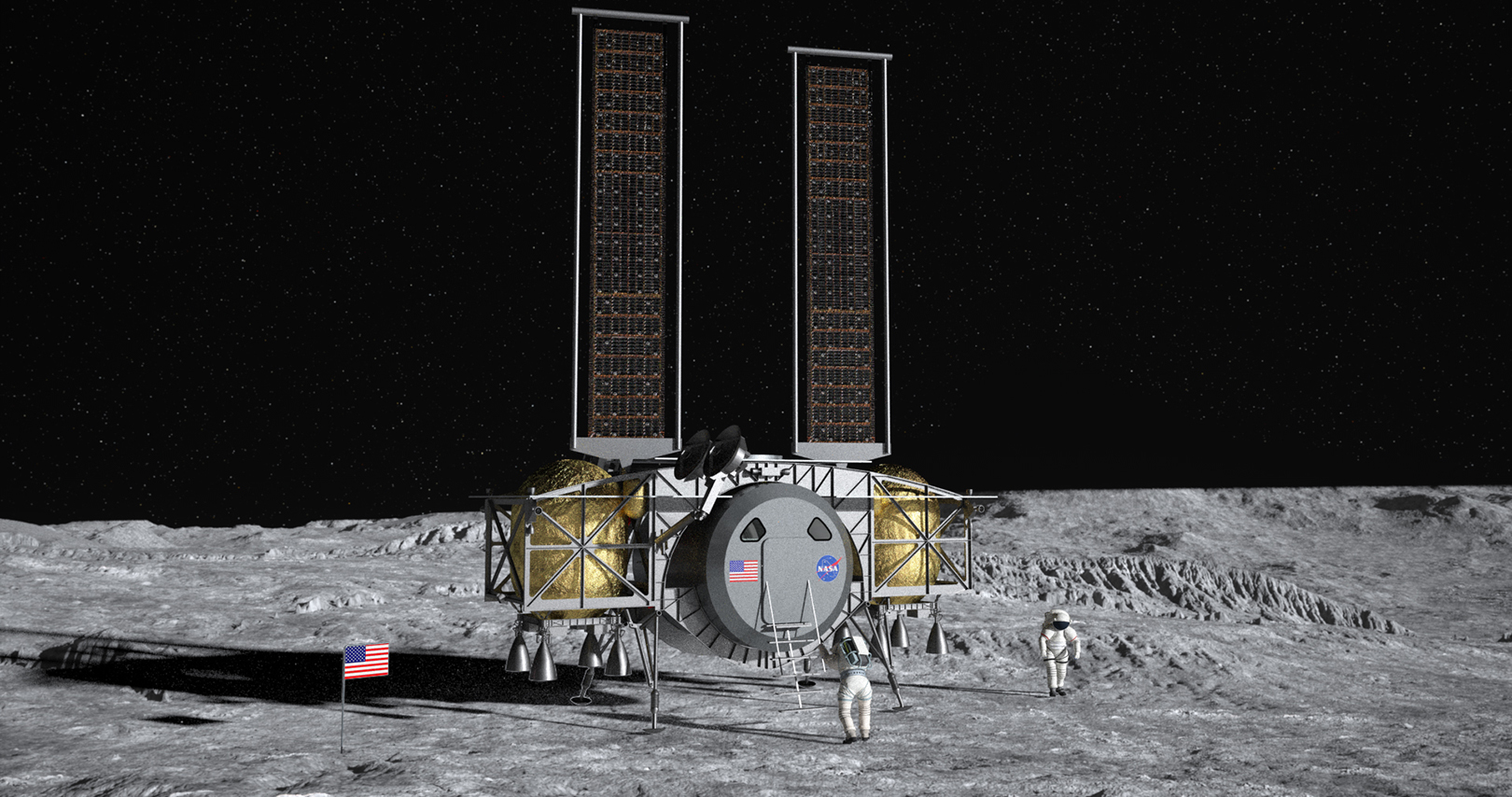 Artist concept of the Dynetics Human Landing System on the surface of the Moon.