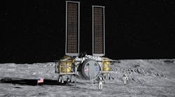 Artist concept of the Dynetics Human Landing System on the surface of the Moon.
