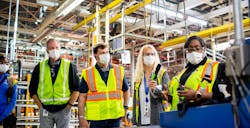 Engineering specialist Shaunise Williams, Gary Johnson, Ford CEO Jim Farley, Dearborn (Mich.) Truck Plant Manager Debbie Manzano and Launch Team member Edana Jones discuss a machine operation. Engineering specialist Shaunise Williams, Gary Johnson, Ford CEO Jim Farley, Dearborn (Mich.) Truck Plant Manager Debbie Manzano and Launch Team member Edana Jones discuss a machine operation.