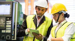 Factory Workers Use Tablet Reflective Vests Hard Hats Helmets Yellow Jobs Employment © Blanscape Dreamstime