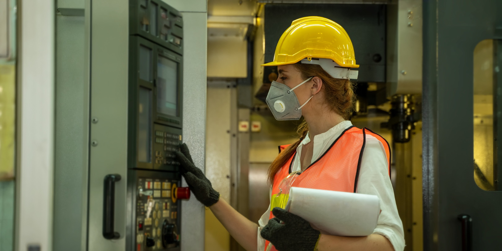 Engineer Masked Helmet Pushing Buttons Clipboard Worker Visoot Uthairam Dreamstime 6109b9c5689b8
