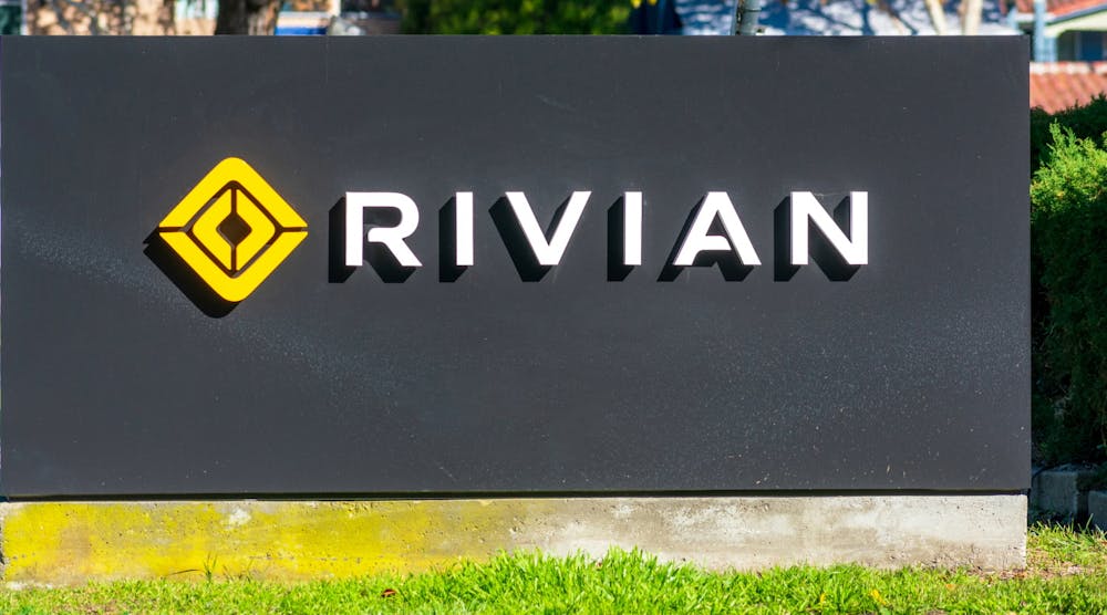 A sign showing the Rivian Co. logo at its Silicon Valley headquarters.