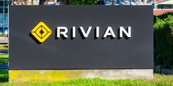 A sign showing the Rivian Co. logo at its Silicon Valley headquarters. A sign showing the Rivian Co. logo at its Silicon Valley headquarters.