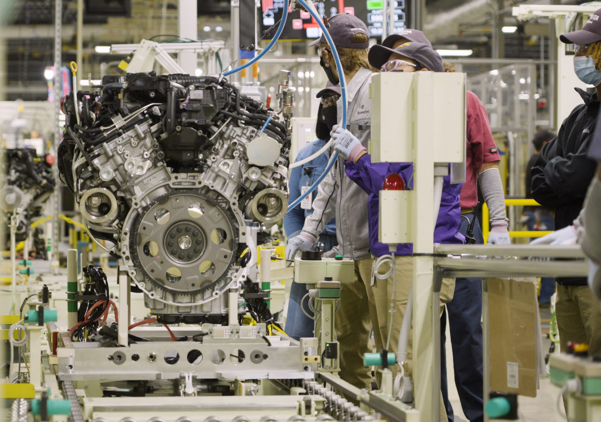 Workers at Toyota' Manufacturing Alabama's engine plant assemble twin-turbo V-6 engines for the company's Tundra pickup.