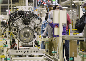 Workers at Toyota' Manufacturing Alabama's engine plant assemble twin-turbo V-6 engines for the company's Tundra pickup.
