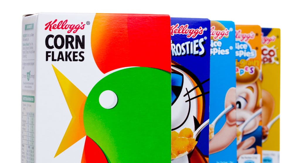 Boxes of Kellogg&apos;s brand cereal--Corn Flakes, Frosted Flakes, Rice Crispies, and Cocoa Puffs--on a white background.
