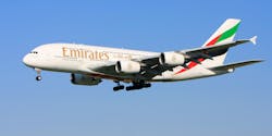 An Airbus A380 in Emirates Airlines livery, approaching the runway for a landing. An Airbus A380 in Emirates Airlines livery, approaching the runway for a landing.