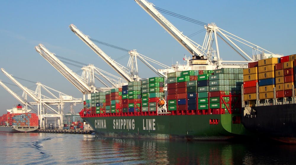 A container ship operated by China Shipping Line unloads its cargo in Oakland harbor.