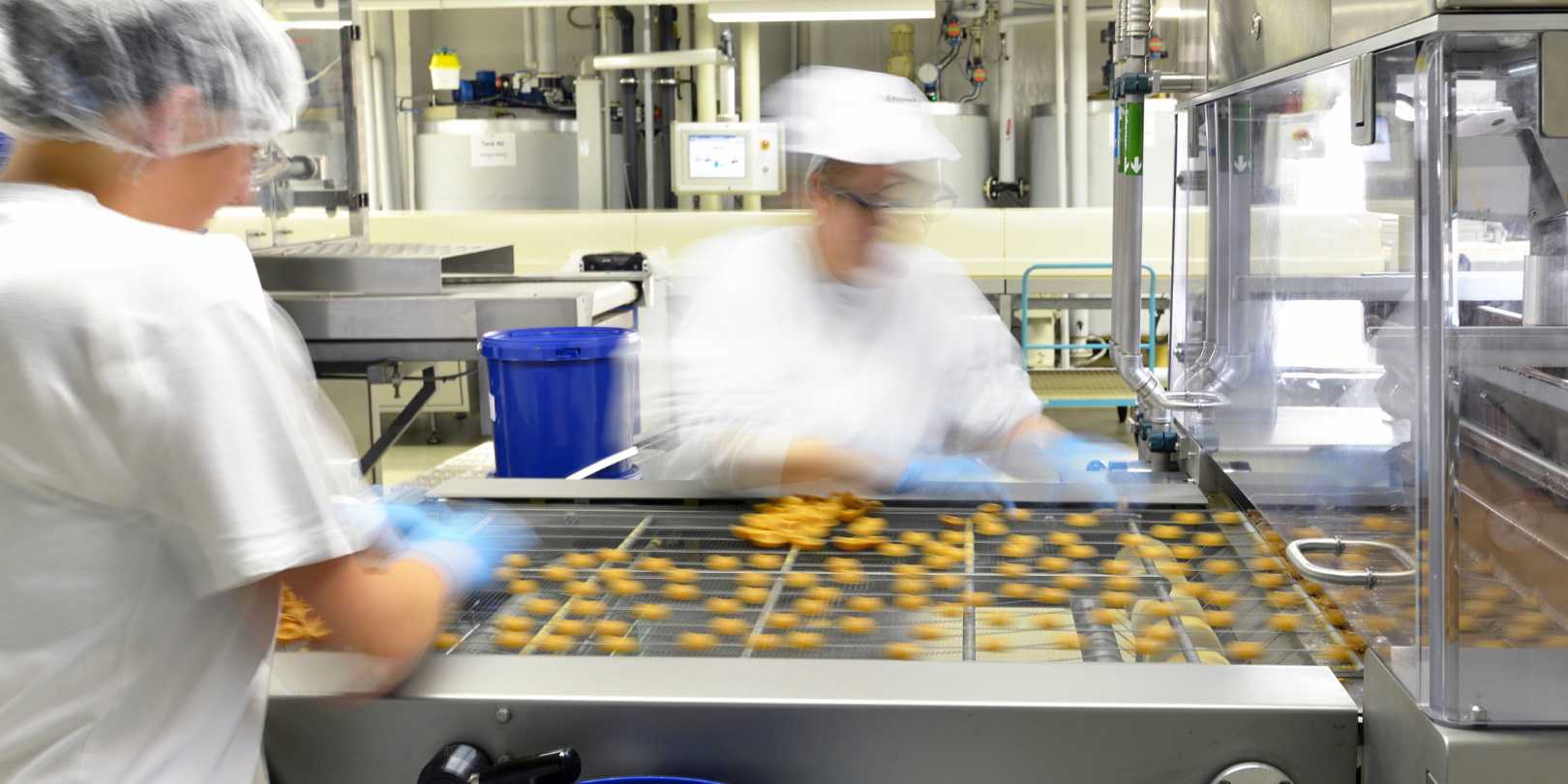 Two employees working on a praline production line in a food production factory.