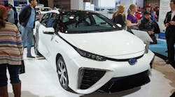 The hydrogen-powered Toyota Mirai at an auto show.