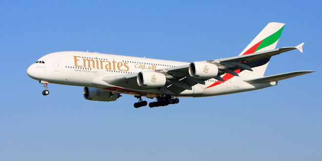 Airbus A380 Superjumbo With Emirates Livery Approaching Landing © Gordon Tipene Dreamstime