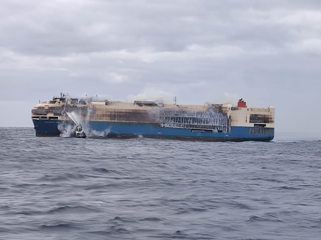 The car-carrying ship Felicity Ace burns off the coast of the Azores near Portugal. Nearly 4,000 ships, including 1,110 Porsche models, are aboard.