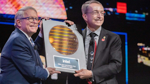 Ohio Gov. Mike DeWine (left) and Intel CEO Pat Gelsinger on Jan. 21, 2022, celebrate the chipmaker's decision to build a $20 billion plant near Columbus, a region far from the industrial decline that has plagued the northern reaches of the Buckeye State.