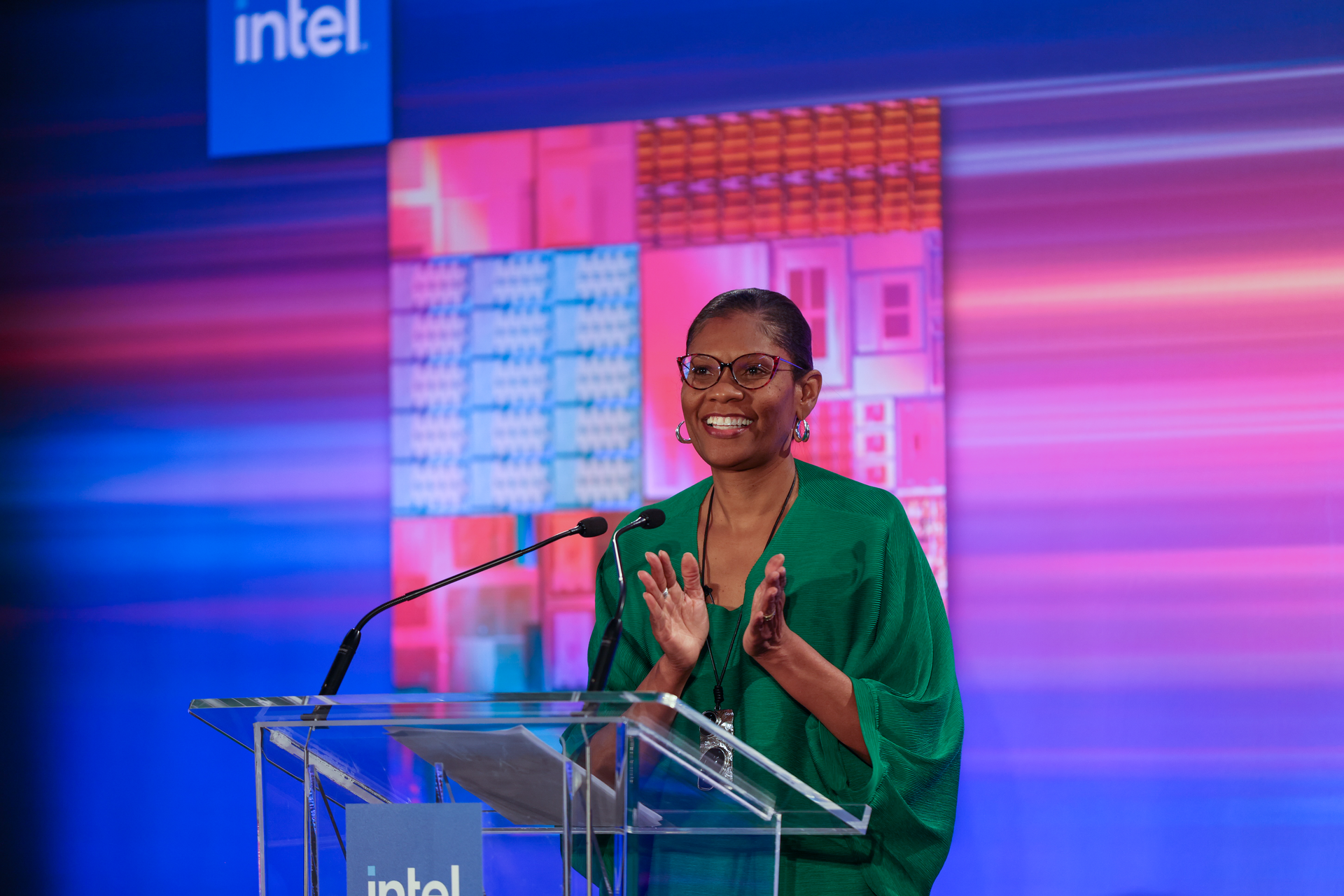 Pia Wilson-Brody, president of the Intel Foundation speaks at an event where the company unveiled education plans.