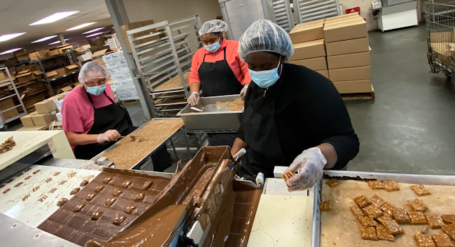 Employees at Stuckey's factory in Wrens, Georgia, make the iconic candies that will eventually bear the family company's name and logos.