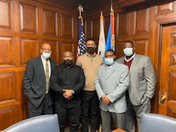 Mac Smith (front left) engages with civic leaders to develop programs aimed at breaking the cycle of poverty. He is pictured here with Stockton Mayor Kevin Lincoln in the center. The others pictured are with My Brother’s Keeper Alliance and include William Lattimore (left-most), Aaron Edwards (second from right) and Charles Johnson (right-most). Mac Smith (front left) engages with civic leaders to develop programs aimed at breaking the cycle of poverty. He is pictured here with Stockton Mayor Kevin Lincoln in the center. The others pictured are with My Brother’s Keeper Alliance and include William Lattimore (left-most), Aaron Edwards (second from right) and Charles Johnson (right-most).