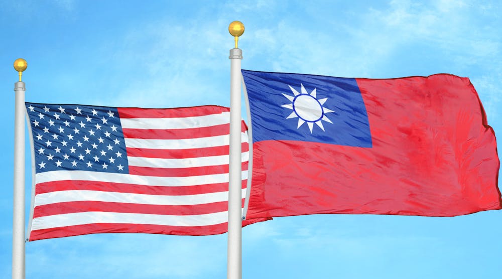 Taiwan Us Flags Against Blue Sky China Trade&copy; Liskonogaleksey Dreamstime