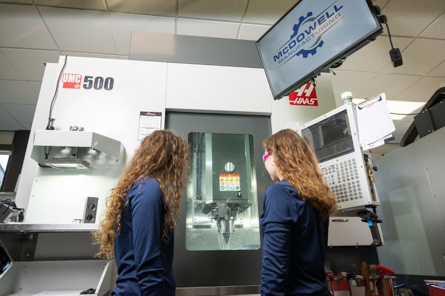 Kayla Radu, left, and Chloe Heeter, right, working at one of the CNC machines.