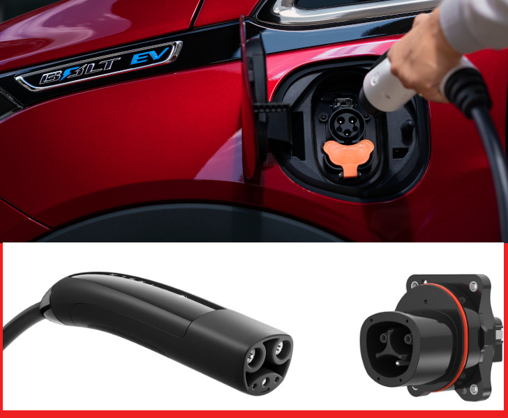 The Chevy Bolt EV uses the J1772 charging system, but future GM electric vehicles will uses Tesla's NACS standard (bottom).
