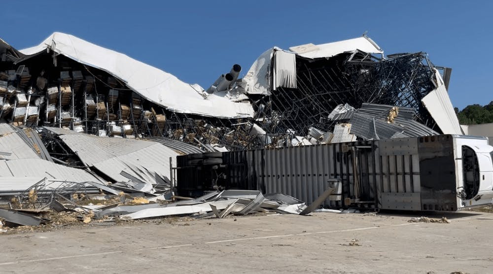 The warehouse at Pfizer&apos;s Rocky Mount, North Carolina, plant was devastated by a tornado on July 19, 2023.
