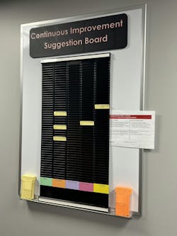 Employees can track the progress of improvement suggestions on boards strategically located throughout the plant. This one in the office area arrived late this summer, and Hoffer informed employees of the change through its four-quadrant signs, a standard messaging protocol that tells people what's changed, why, who it affects and when the change should happen. Employees can track the progress of improvement suggestions on boards strategically located throughout the plant. This one in the office area arrived late this summer, and Hoffer informed employees of the change through its four-quadrant signs, a standard messaging protocol that tells people what's changed, why, who it affects and when the change should happen.