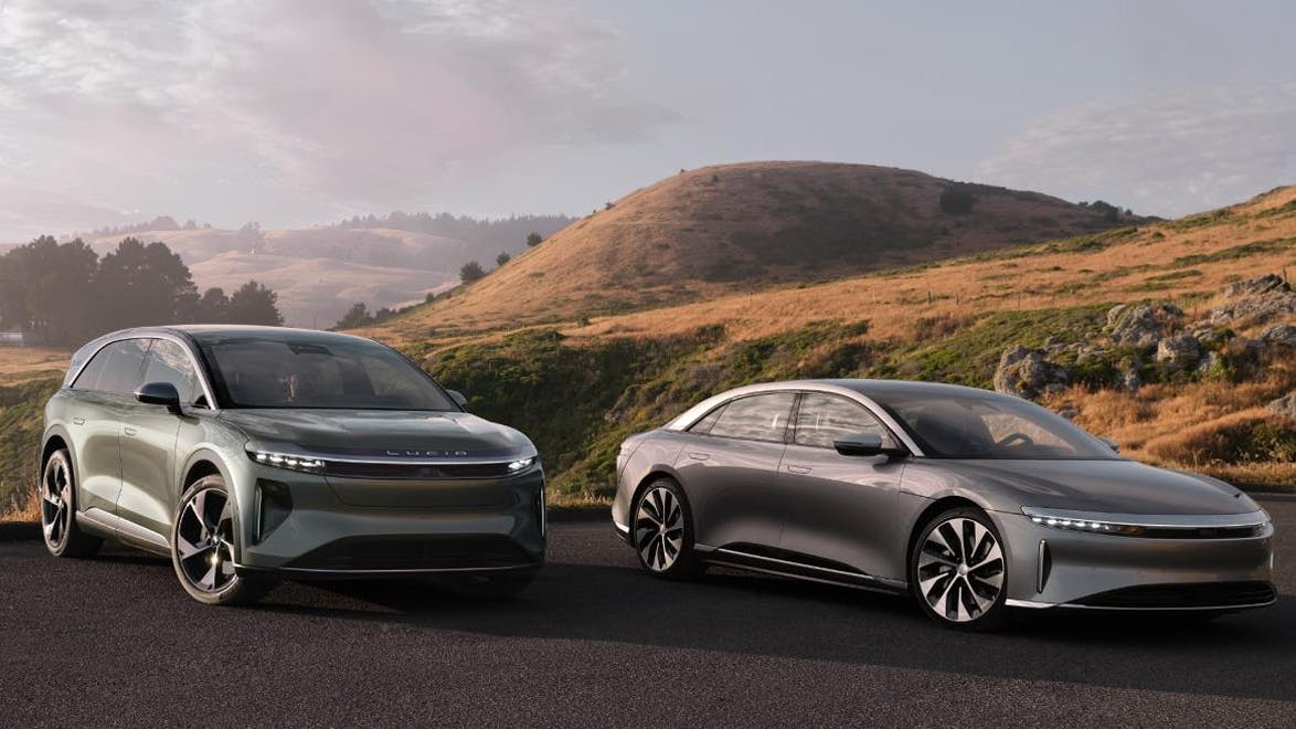 Lucid's upcoming SUV, Gravity (left) is still on track for late 2024 production.