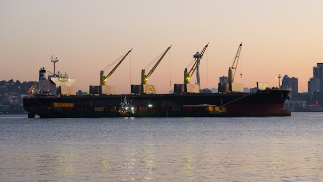 cargo ship in Elliott Bay in Washington state at dawn