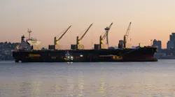 cargo ship in Elliott Bay in Washington state at dawn