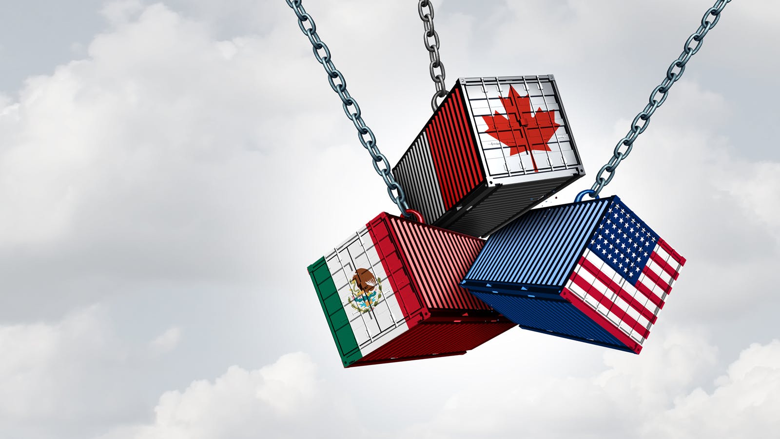 three shipping containers dangling from chains in the air. one shows US flag, one shows Canada flag, and one shows Mexico flag