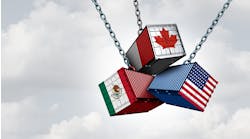 three shipping containers dangling from chains in the air. one shows US flag, one shows Canada flag, and one shows Mexico flag three shipping containers dangling from chains in the air. one shows US flag, one shows Canada flag, and one shows Mexico flag