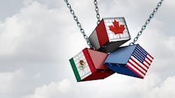 three shipping containers dangling from chains in the air. one shows US flag, one shows Canada flag, and one shows Mexico flag three shipping containers dangling from chains in the air. one shows US flag, one shows Canada flag, and one shows Mexico flag