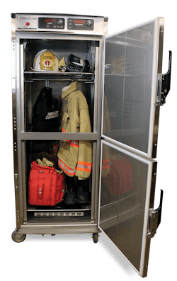 Cres Cor's Cres Guard decontamination cabinet, shown with a sample of firefighting equipment to be decontaminated. Cres Cor's Cres Guard decontamination cabinet, shown with a sample of firefighting equipment to be decontaminated.