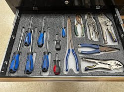 STEAMpunk organized hand tools into foam-boarded liners, which both streamlined grabbing tools—locating tools is now six times as fast—as well as highlighted when tools were missing. STEAMpunk organized hand tools into foam-boarded liners, which both streamlined grabbing tools—locating tools is now six times as fast—as well as highlighted when tools were missing.