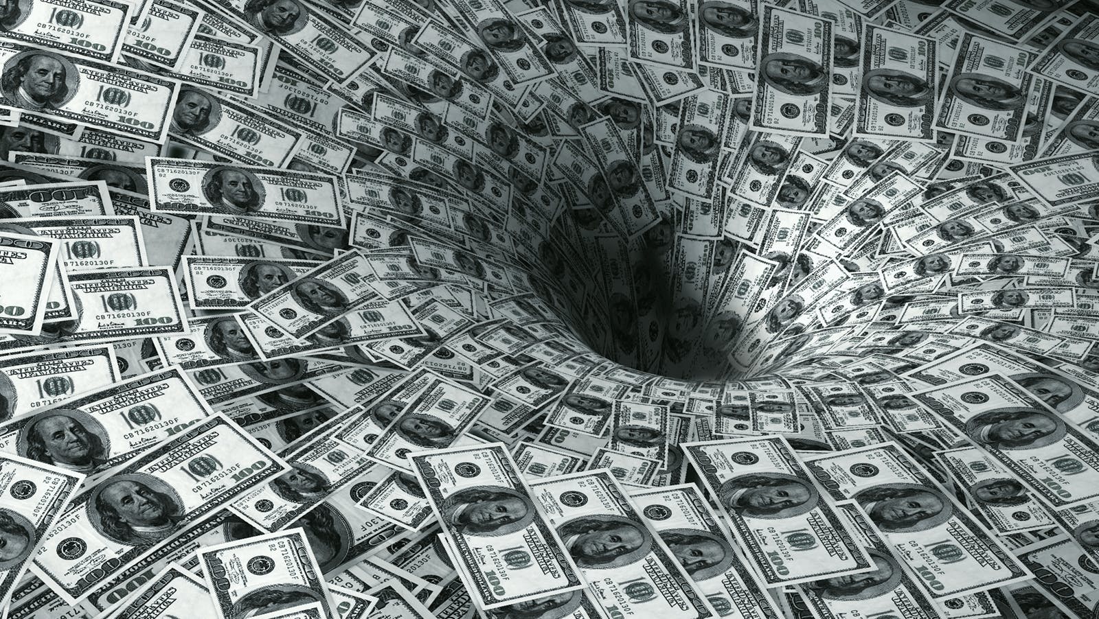 one hundred dollar bills going down a hole