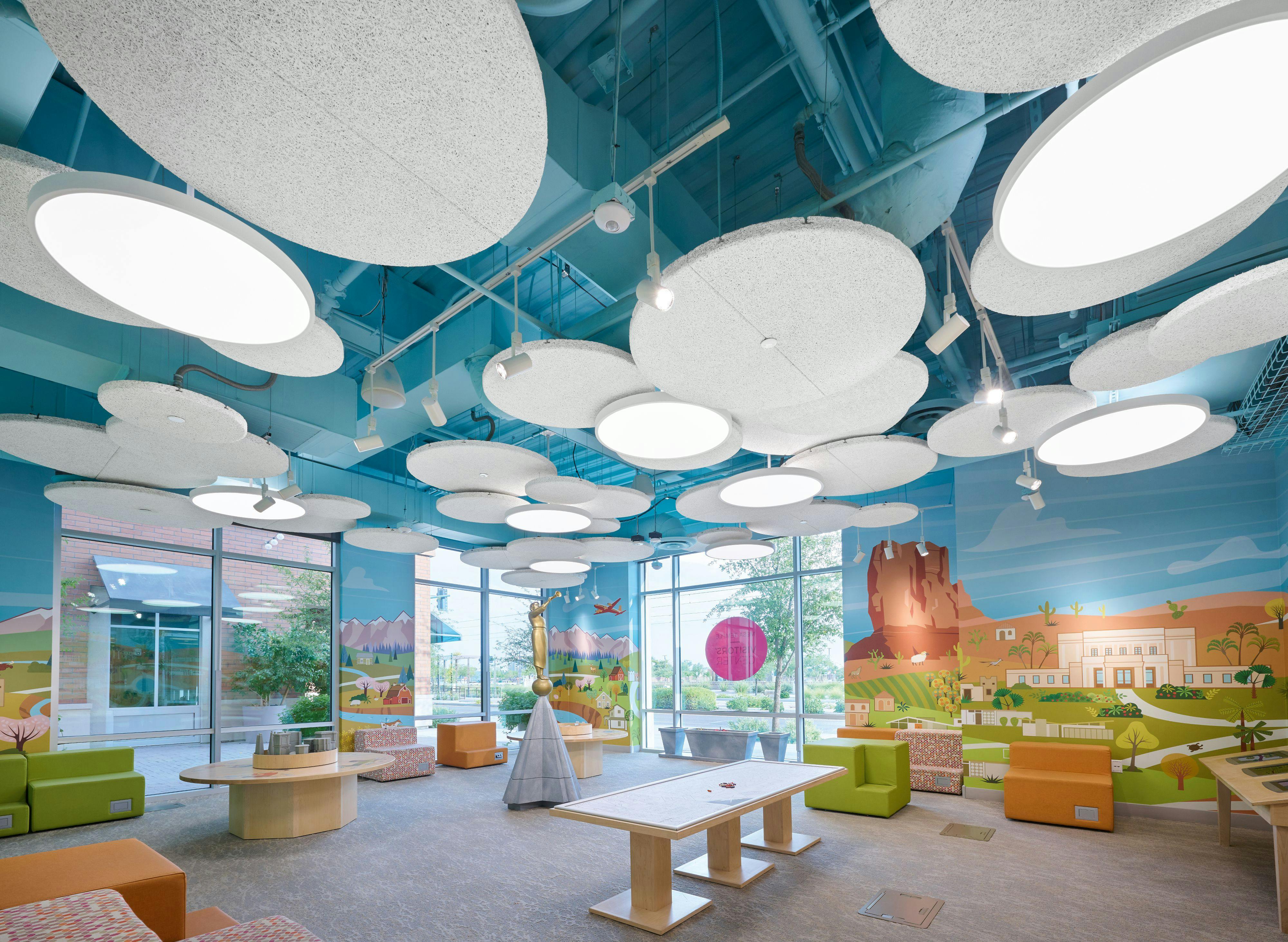 Armstrong World Industries makes architectural ceiling products, such as the Tectum clouds panels displayed here from the Mesa Temple Visitors Center in Mesa, Arizona.