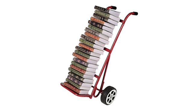 stack of books on a dolly