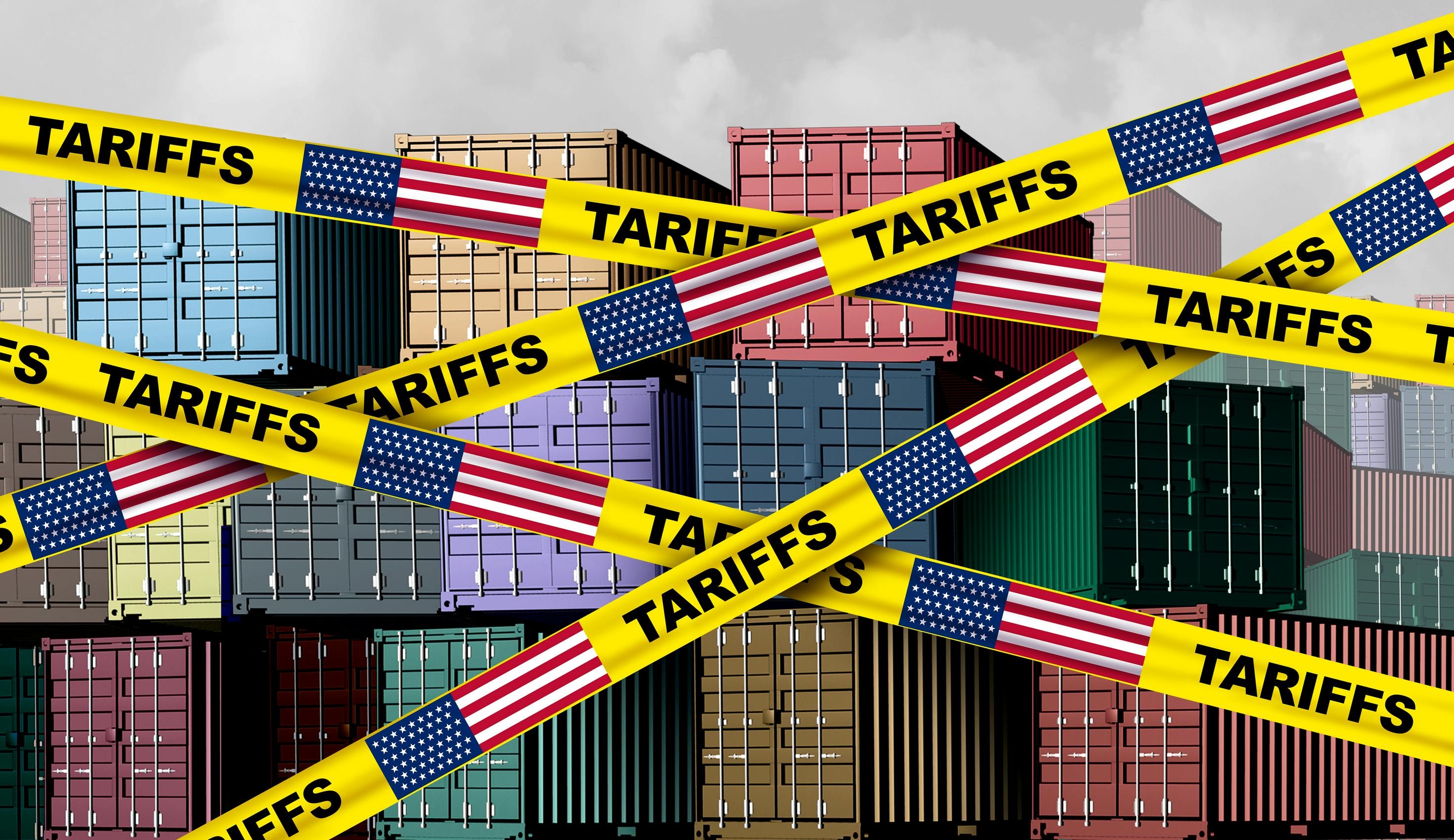 Import containers blocked by caution tape featuring the word 'Tariffs.'