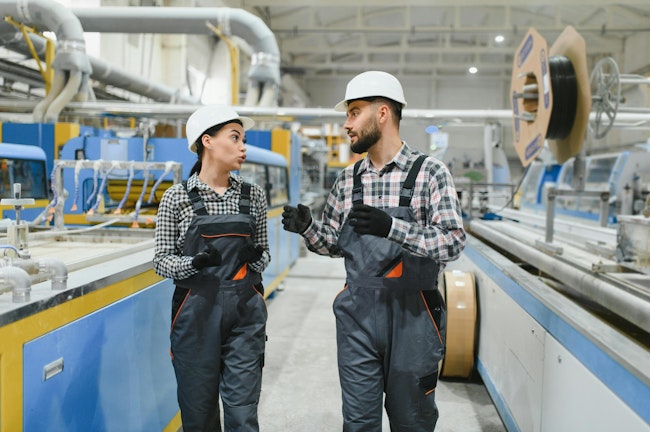 Two factory workers in overalls and hard hats are walking through a production line area.