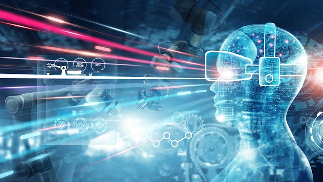 Futuristic illustration of a digital man looking at digital AI images.