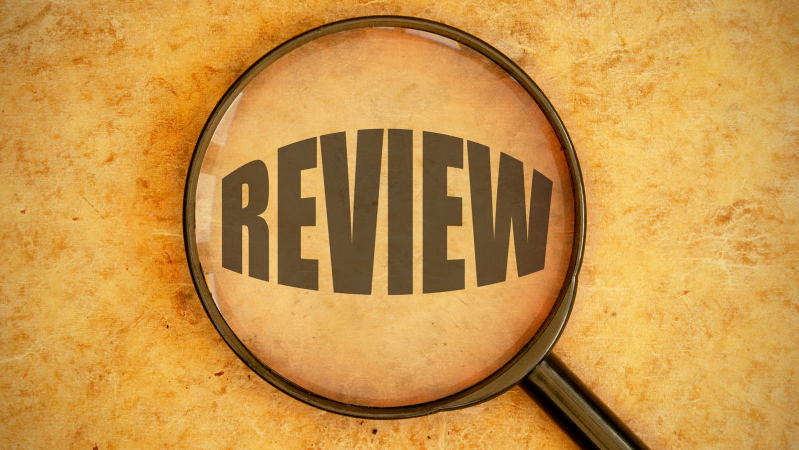 magnifying glass focused on the word 'review'