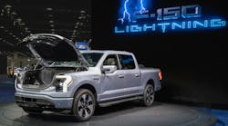 A Ford F-150 Lightning EV truck at the North American International Detroit Auto Show. A Ford F-150 Lightning EV truck at the North American International Detroit Auto Show.