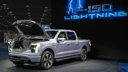 A Ford F-150 Lightning EV truck at the North American International Detroit Auto Show. A Ford F-150 Lightning EV truck at the North American International Detroit Auto Show.
