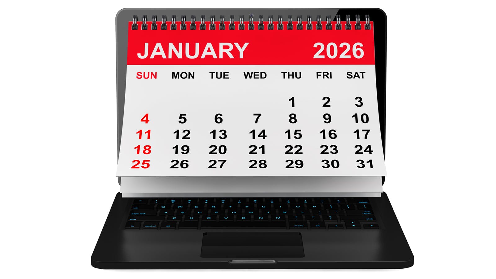 January 2026 calendar on an open laptop computer