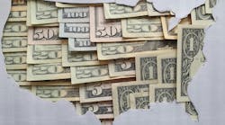 United States of America map formed with American dollars bills and gray background United States of America map formed with American dollars bills and gray background