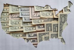 United States of America map formed with American dollars bills and gray background United States of America map formed with American dollars bills and gray background