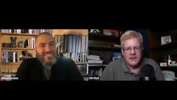 Podcast hosts Mohamed Saleh on the left and John Dyer on the right speaking into their individual webcams Podcast hosts Mohamed Saleh on the left and John Dyer on the right speaking into their individual webcams