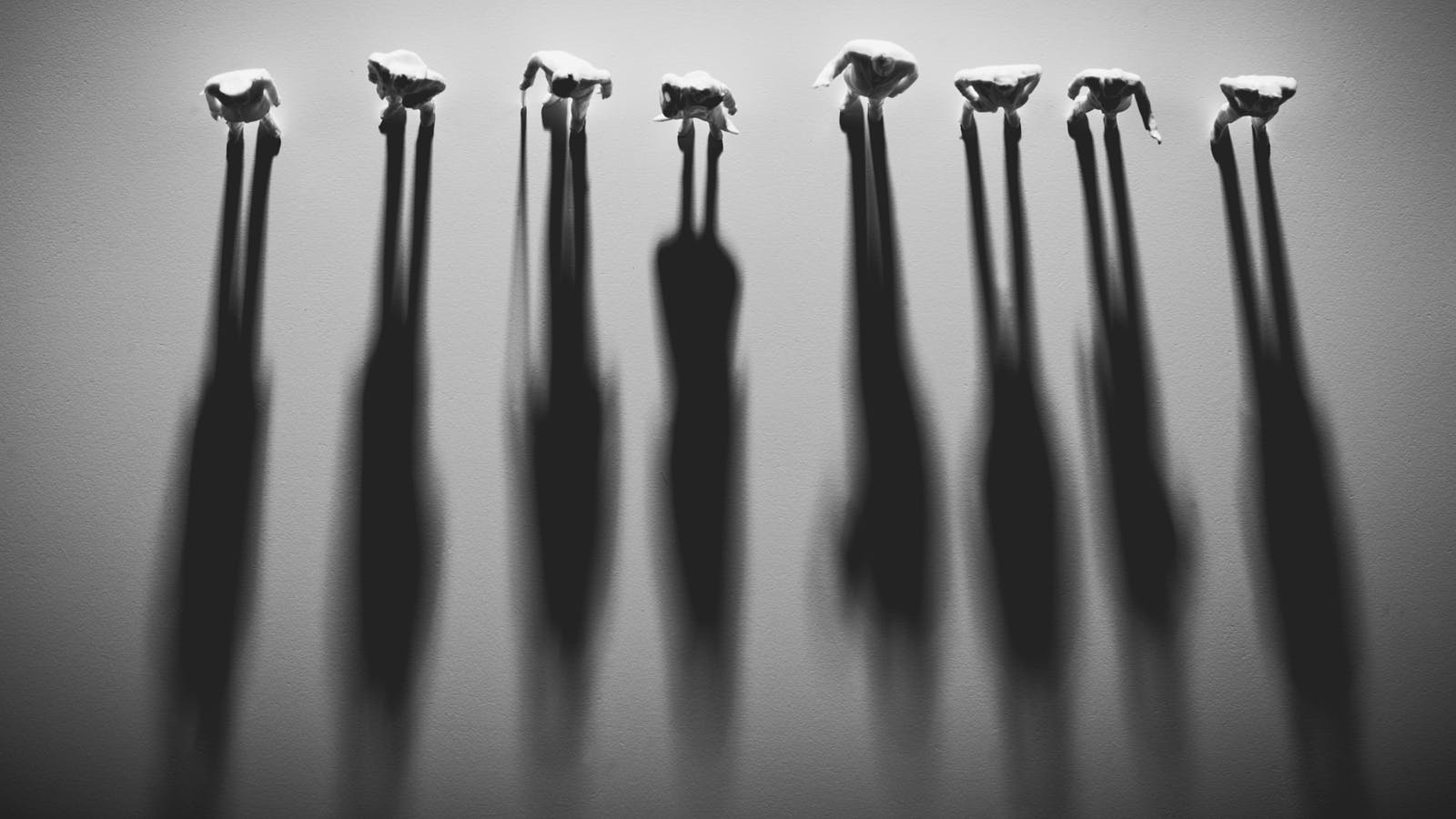 Viewed from above, a group of people casting long shadows.