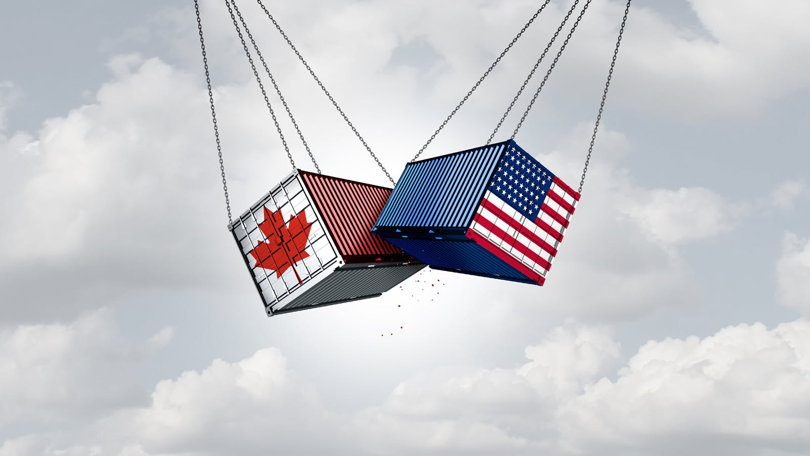 shipping containers, one Canadian and one U.S., swinging in the air