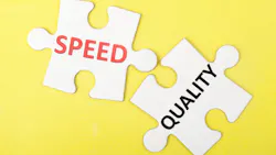 two yellow puzzle pieces, one saying speed and the other saying quality